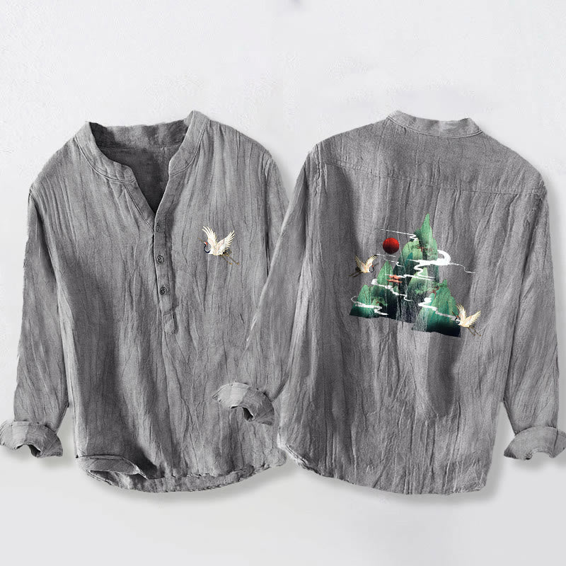 Buddha Stonesと赤い太陽と山の鶴の模様のハーフボタンメンズコットンリネン長袖シャツ - グレー - US/UK/AU50、EU60 (5XL) - image 0