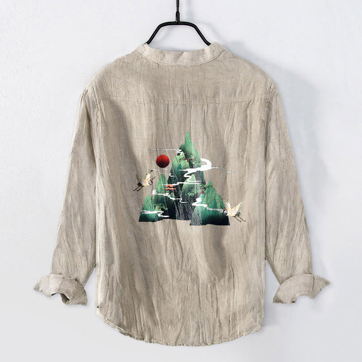 Buddha Stonesと赤い太陽と山の鶴の模様のハーフボタンメンズコットンリネン長袖シャツ - image 5