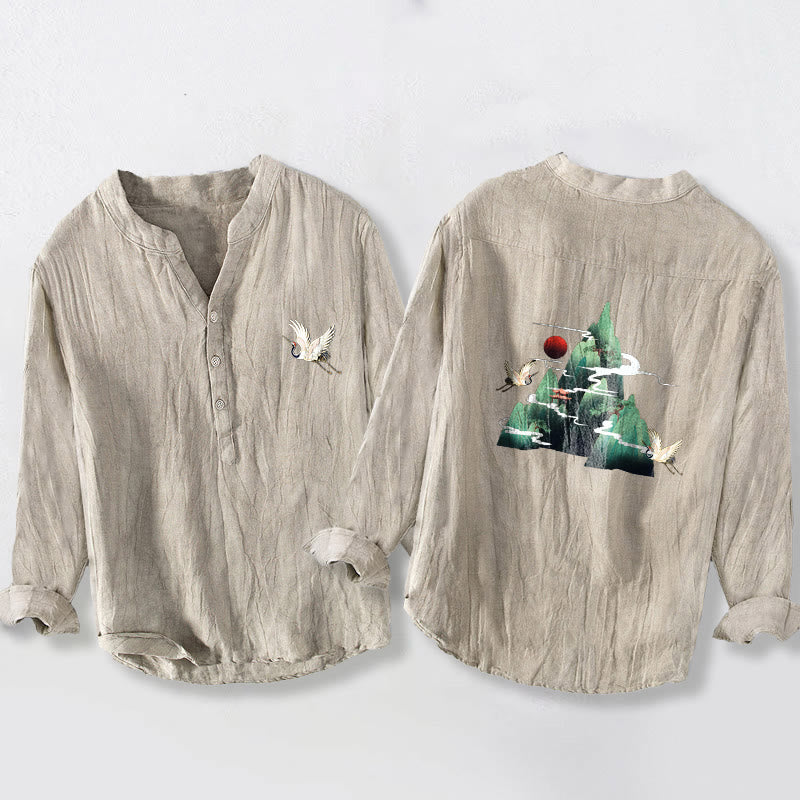 Buddha Stonesと赤い太陽と山の鶴の模様のハーフボタンメンズコットンリネン長袖シャツ - リネン - US/UK/AU50、EU60 (5XL) - image 3