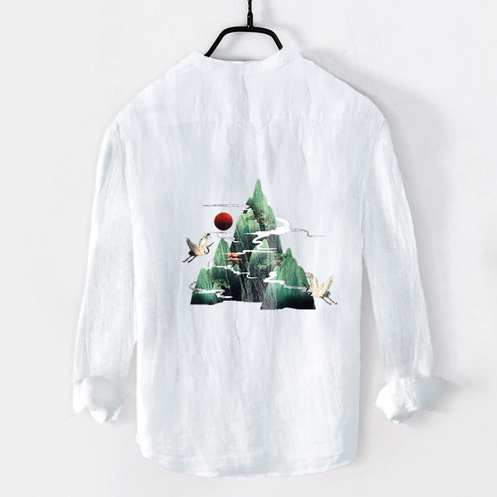 Buddha Stonesと赤い太陽と山の鶴の模様のハーフボタンメンズコットンリネン長袖シャツ - image 8