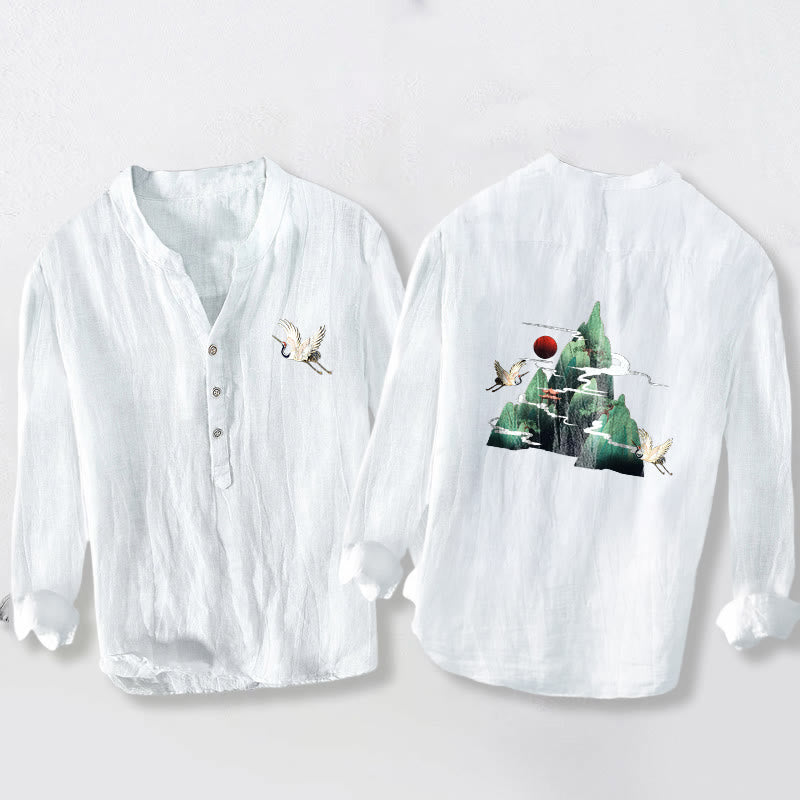 Buddha Stonesと赤い太陽と山の鶴の模様のハーフボタンメンズコットンリネン長袖シャツ - 白 - US/UK/AU50、EU60 (5XL) - image 6