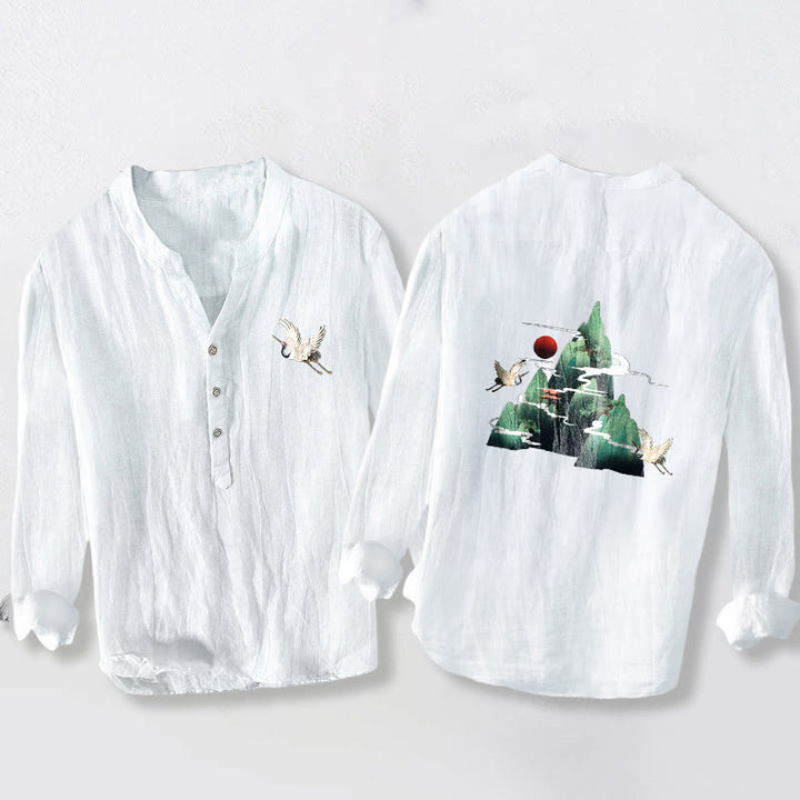 Buddha Stonesと赤い太陽と山の鶴の模様のハーフボタンメンズコットンリネン長袖シャツ - 白 - US/UK/AU50、EU60 (5XL) - image 6