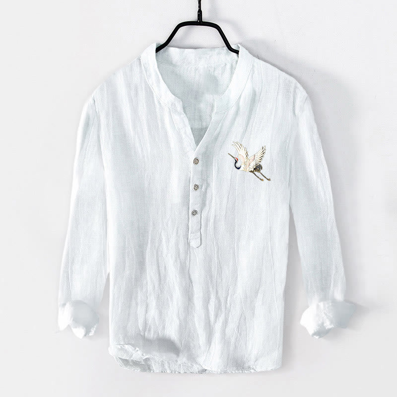 Buddha Stonesと赤い太陽と山の鶴の模様のハーフボタンメンズコットンリネン長袖シャツ - image 7