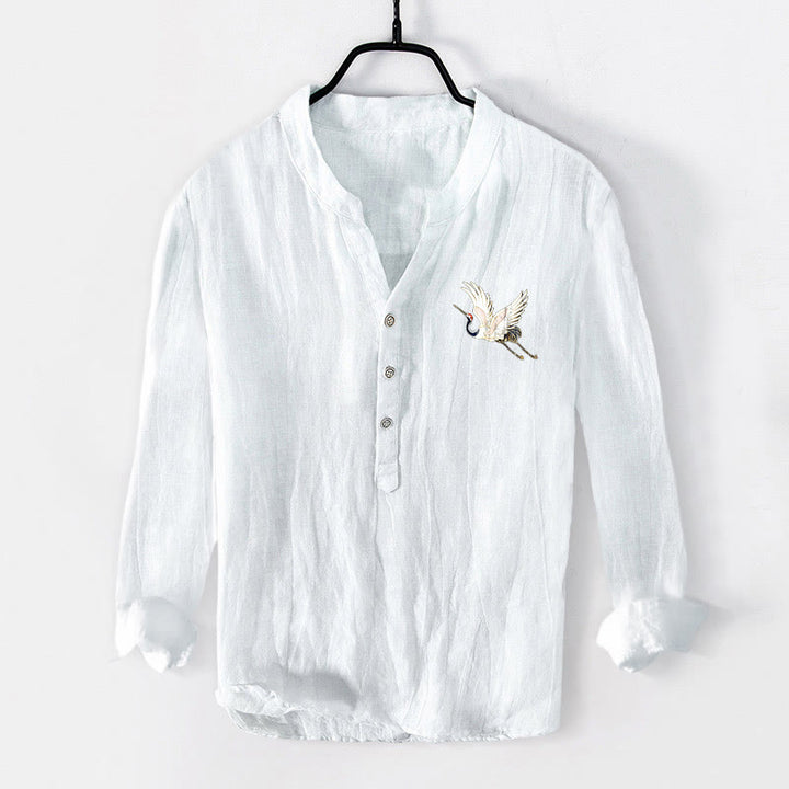 Buddha Stonesと赤い太陽と山の鶴の模様のハーフボタンメンズコットンリネン長袖シャツ - image 7