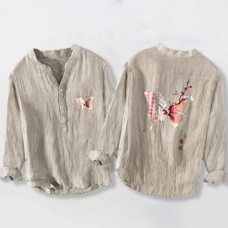 Buddha Stonesと蝶と梅のボソム柄のハーフボタンメンズコットンリネン長袖シャツ - リネン - US/UK/AU50、EU60 (5XL) - image 3