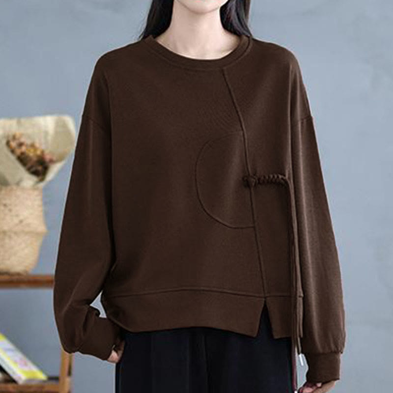 Buddha Stonesプレーン フロッグボタンデザイン クルーネック コットン レディース 長袖 スウェットシャツ - image 4