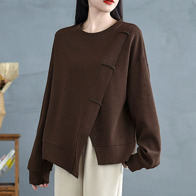 Buddha Stones秋冬 無地 アシンメトリーデザイン クルーネック 長袖 レディース コットン スウェットシャツ - image 1