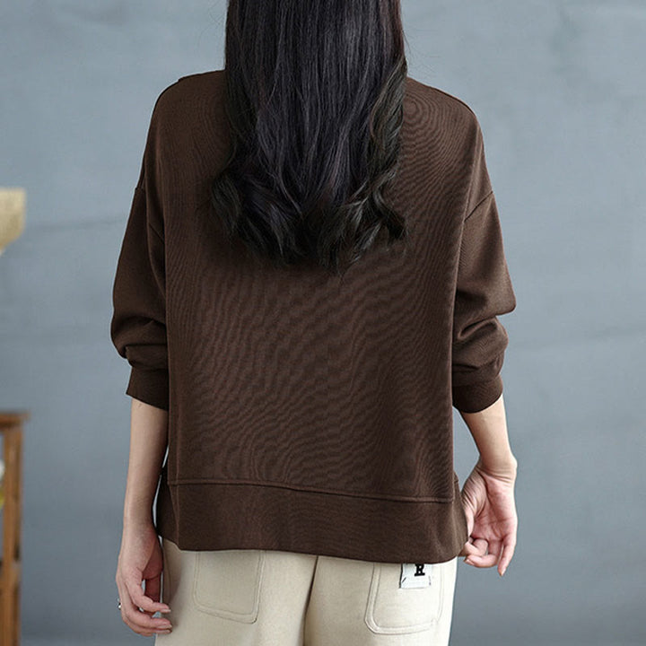 Buddha Stones秋冬 無地 アシンメトリーデザイン クルーネック 長袖 レディース コットン スウェットシャツ - image 3