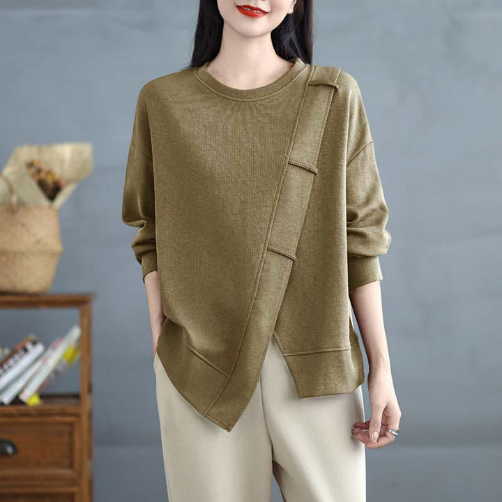 Buddha Stones秋冬 無地 アシンメトリーデザイン クルーネック 長袖 レディース コットン スウェットシャツ - image 17