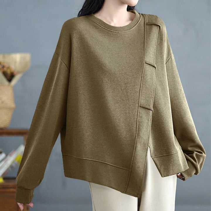 Buddha Stones秋冬 無地 アシンメトリーデザイン クルーネック 長袖 レディース コットン スウェットシャツ - image 18