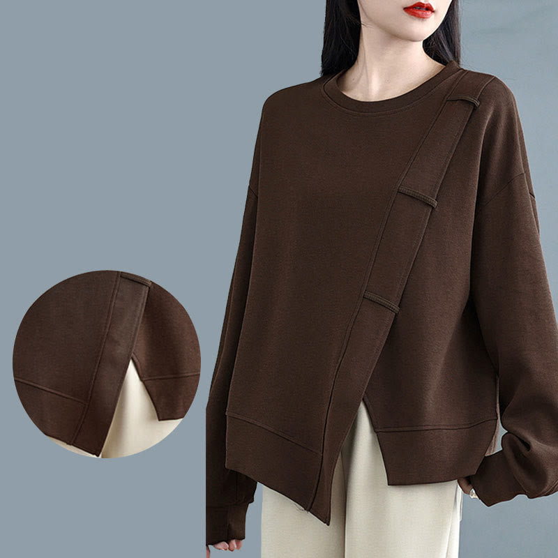 Buddha Stones秋冬 無地 アシンメトリーデザイン クルーネック 長袖 レディース コットン スウェットシャツ - image 9