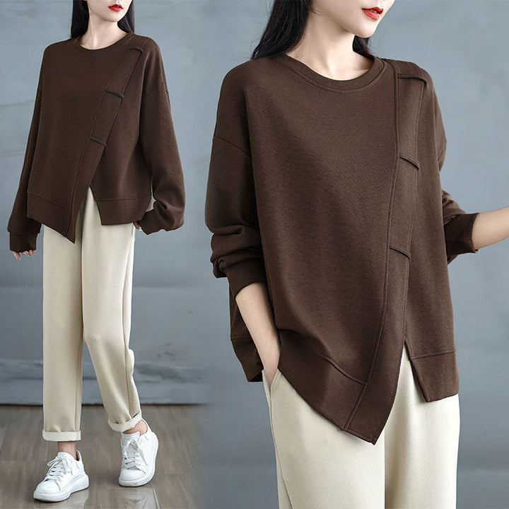 Buddha Stones秋冬 無地 アシンメトリーデザイン クルーネック 長袖 レディース コットン スウェットシャツ - image 5