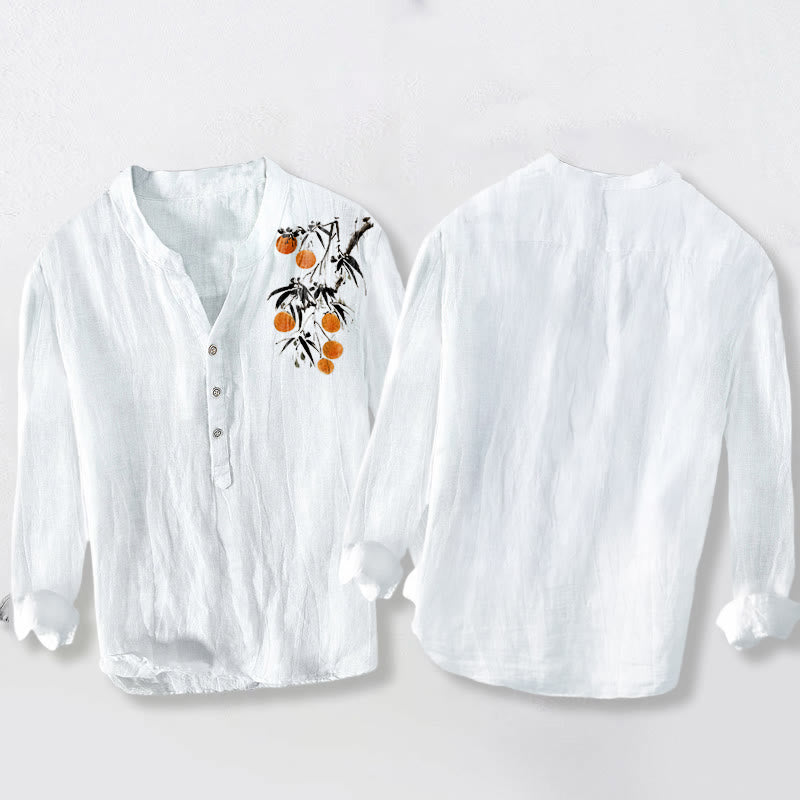 Buddha Stonesエレガントなオレンジツリー柄 ハーフボタン メンズ コットンリネン 長袖シャツ - image 5