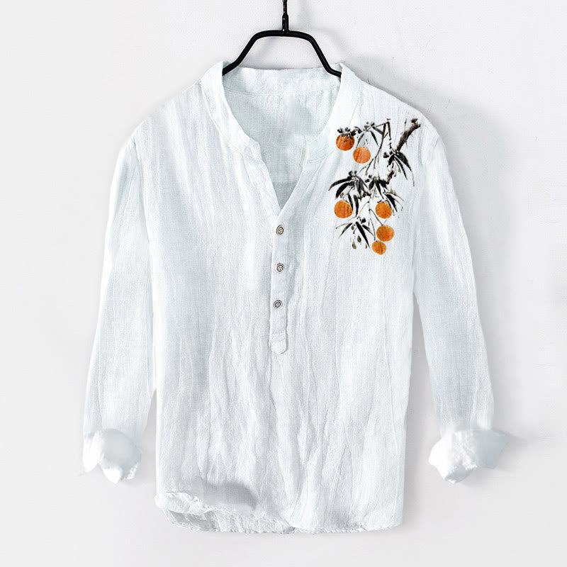 Buddha Stonesエレガントなオレンジツリー柄 ハーフボタン メンズ コットンリネン 長袖シャツ - 白 - US/UK/AU50、EU60 (5XL) - image 3