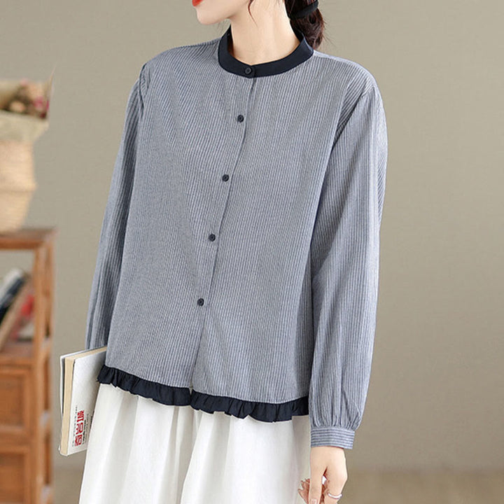 Buddha Stones秋 チェック柄 ストライプ柄 フリル裾ボタン レディース コットン 長袖シャツ - image 8