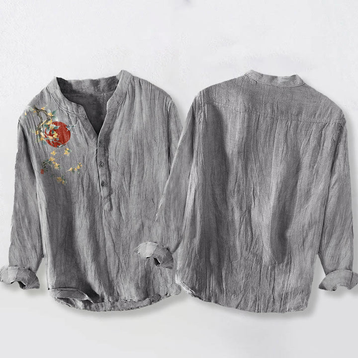 Buddha Stones金木犀 赤太陽柄 ハーフボタン メンズ コットンリネン 長袖シャツ - image 5