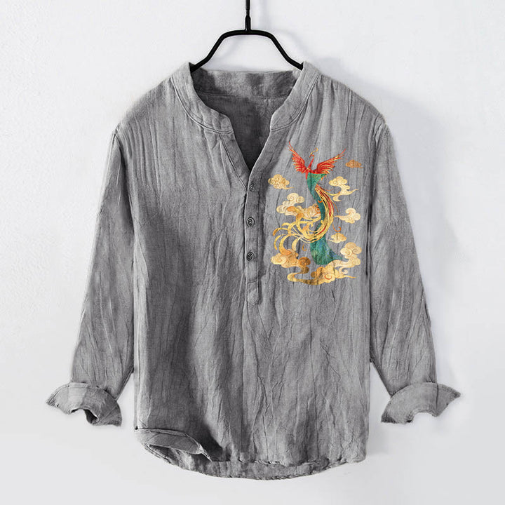 Buddha Stones明るい鳳凰雲柄 ハーフボタン メンズ コットンリネン 長袖シャツ - グレー - US/UK/AU50、EU60 (5XL) - image 0