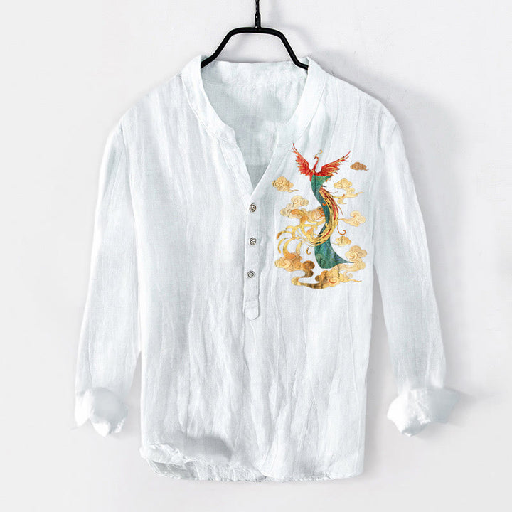 Buddha Stones明るい鳳凰雲柄 ハーフボタン メンズ コットンリネン 長袖シャツ - 白 - US/UK/AU50、EU60 (5XL) - image 6