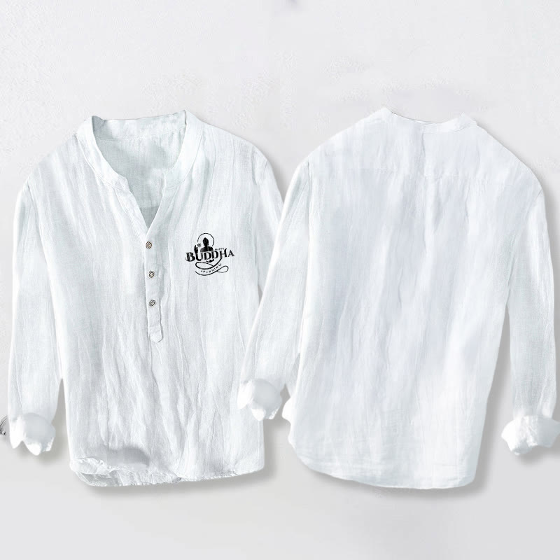 Buddha Stones仏像 蓮 文字柄 ハーフボタン メンズ コットン リネン 長袖シャツ - image 5