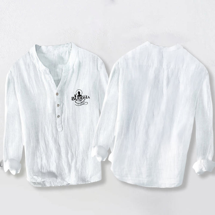 Buddha Stones仏像 蓮 文字柄 ハーフボタン メンズ コットン リネン 長袖シャツ - image 5