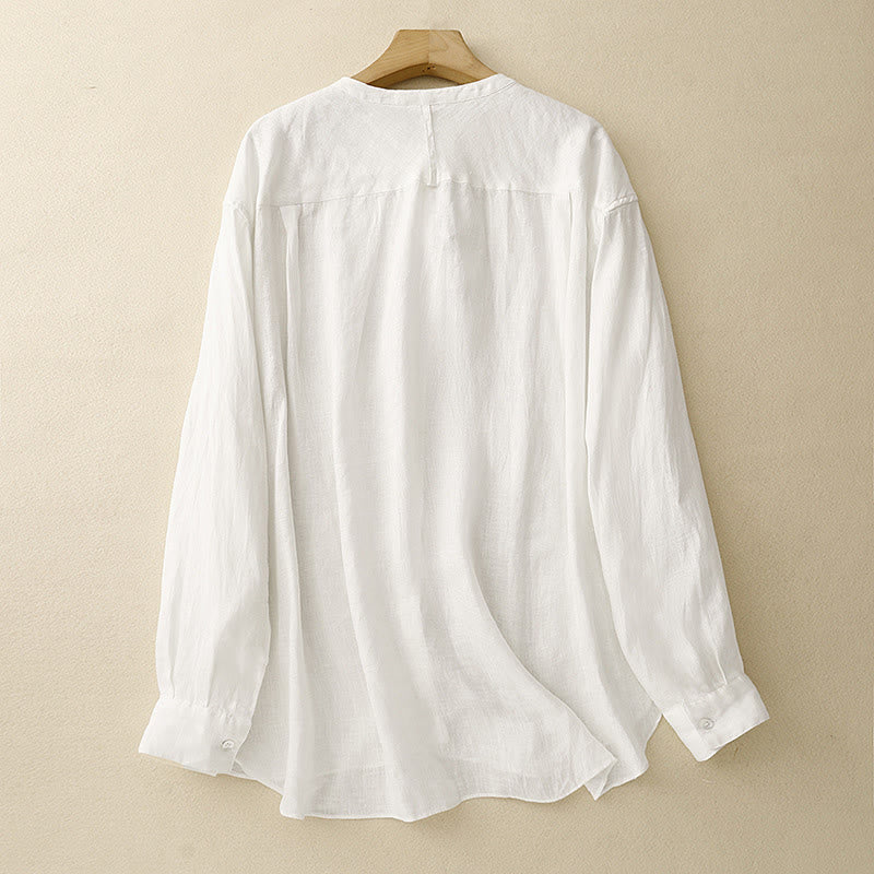 Buddha Stones無地 クルーネック ボタンデザイン レディース コットン 長袖シャツ - image 8