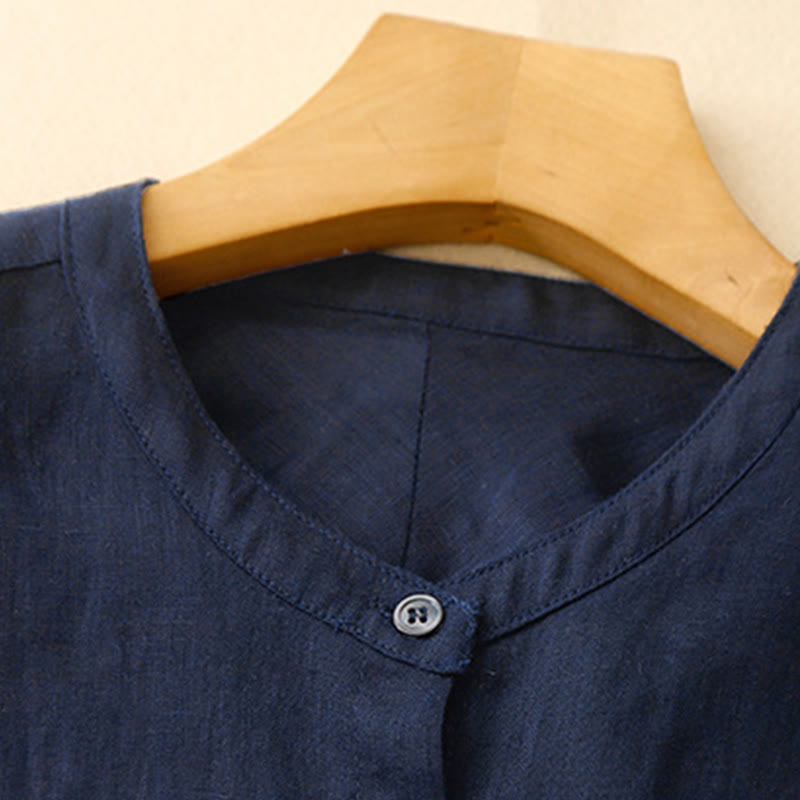 Buddha Stones無地 クルーネック ボタンデザイン レディース コットン 長袖シャツ - image 1