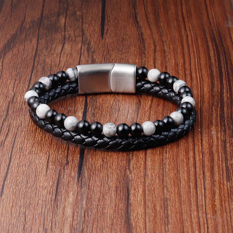 Buddha Stonesブラックオニキス グレージャスパー チタンスチール スタビリティレザーブレスレット - image 1