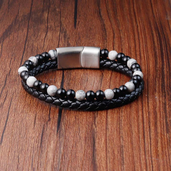 Buddha Stonesブラックオニキス グレージャスパー チタンスチール スタビリティレザーブレスレット - image 1
