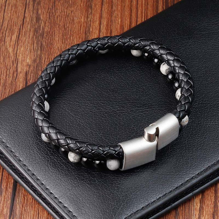 Buddha Stonesブラックオニキス グレージャスパー チタンスチール スタビリティレザーブレスレット - image 4