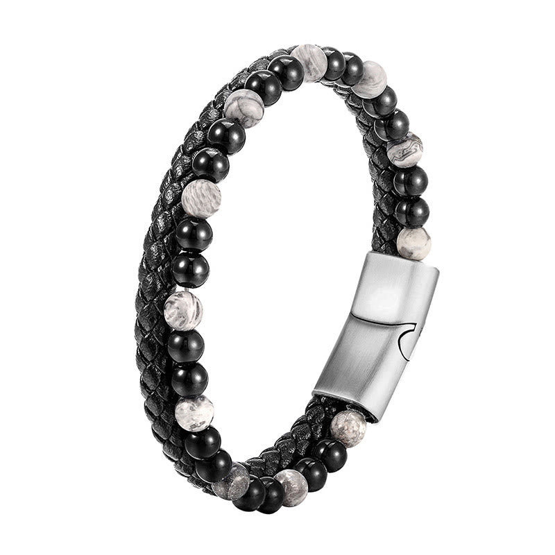 Buddha Stonesブラックオニキス グレージャスパー チタンスチール スタビリティレザーブレスレット - image 9