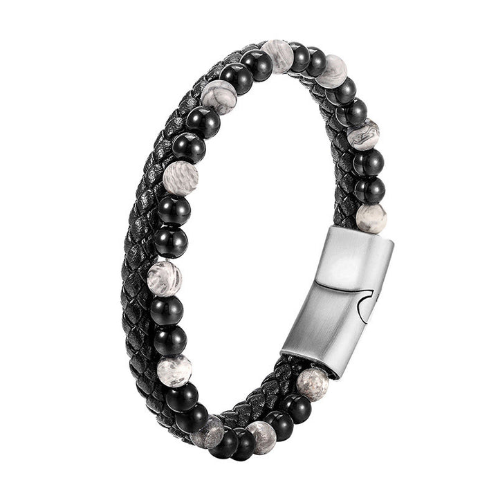Buddha Stonesブラックオニキス グレージャスパー チタンスチール スタビリティレザーブレスレット - image 9