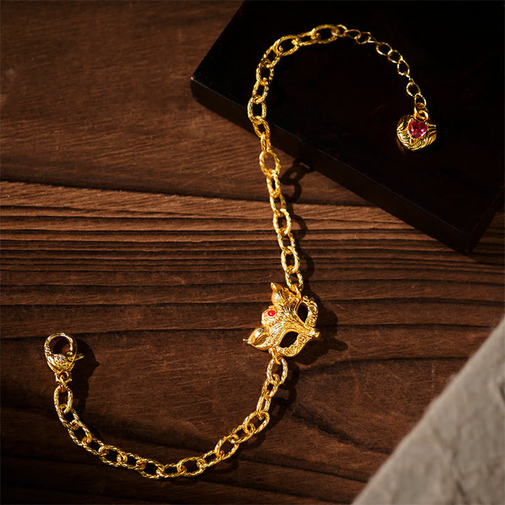 Buddha Stones 24Kゴールドメッキ真鍮フォックスデザインハートチャームチェーンブレスレット - 真鍮（手首周り：16～19cm） - image 0