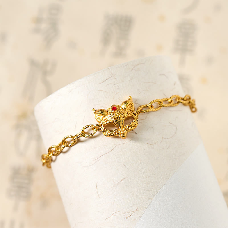 Buddha Stones 24Kゴールドメッキ真鍮フォックスデザインハートチャームチェーンブレスレット - image 3