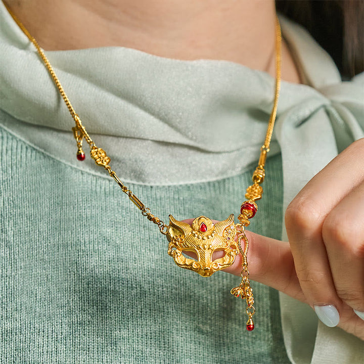 ブッダストーン 24Kゴールドメッキ 真鍮 フォックスデザイン タッセルペンダントネックレス - image 5