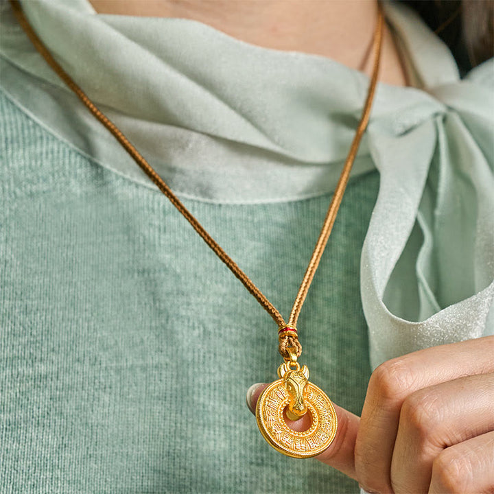 Buddha Stones午年平和のお守りチャーム福文字 金メッキ銅エネルギーネックレスペンダント - image 6