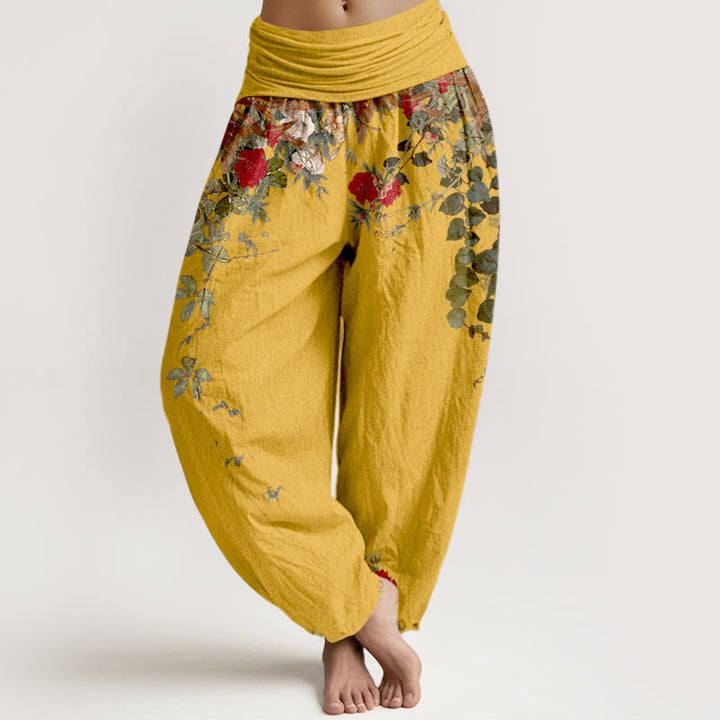 Buddha Stones純綿 カラフル 花 葉柄 レディース 伸縮性ウエスト ハーレムパンツ - 金 - US16、 UK/AU20、 EU48 (3XL) - image 0
