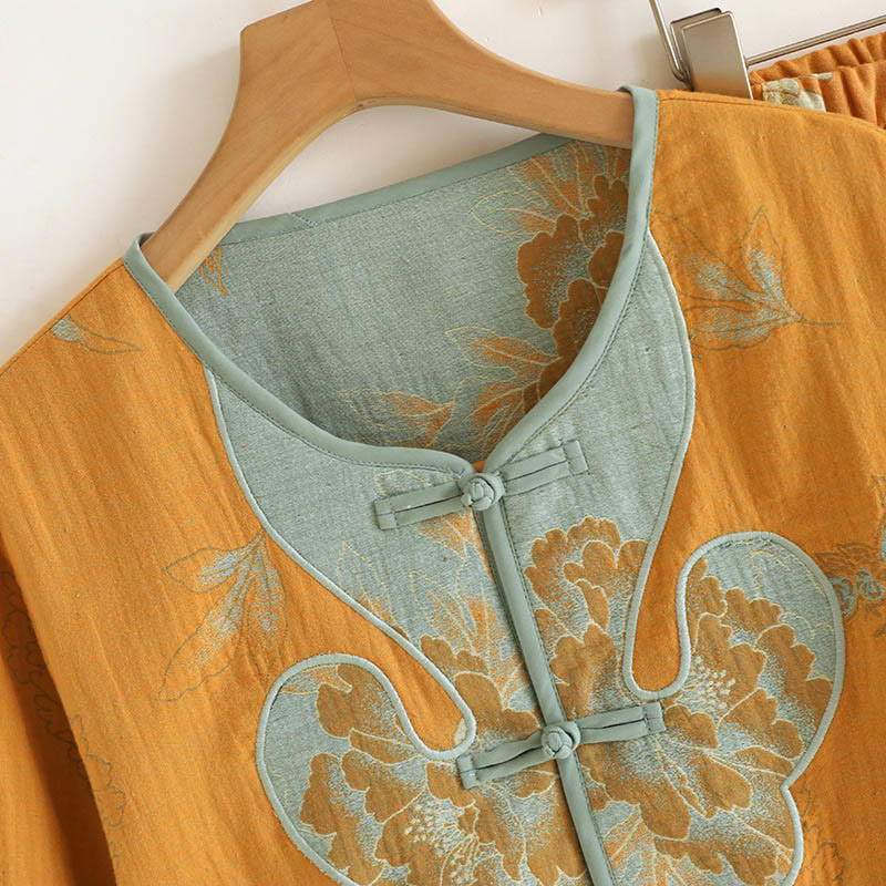 Buddha Stones 2点 カエルボタンプリント 長袖カーディガン シャツ パンツ ポケット付き コットン セット  - image 2