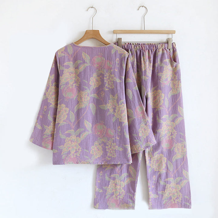 Buddha Stones 2点 花柄 長袖 クルーネック ボタンシャツ パンツ ポケット付き コットン セット  - image 7