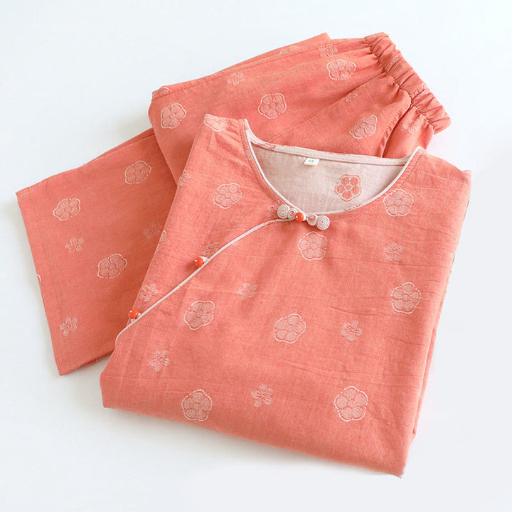 Buddha Stones 2点 花柄 長袖 クルーネック ボタンシャツ パンツ ポケット付き コットン セット  - image 3