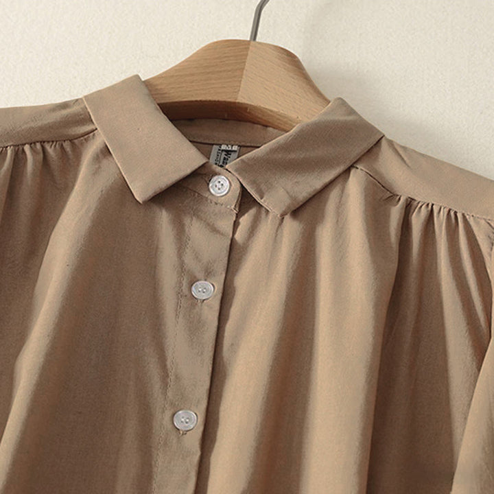 Buddha Stones秋冬 無地 ラペルボタン 長袖 コットン ミディドレス ポケット付き - image 12