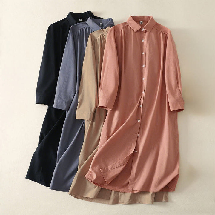 Buddha Stones秋冬 無地 ラペルボタン 長袖 コットン ミディドレス ポケット付き - image 0