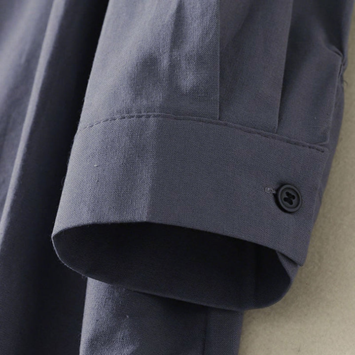 Buddha Stones秋冬 無地 ラペルボタン 長袖 コットン ミディドレス ポケット付き - image 18