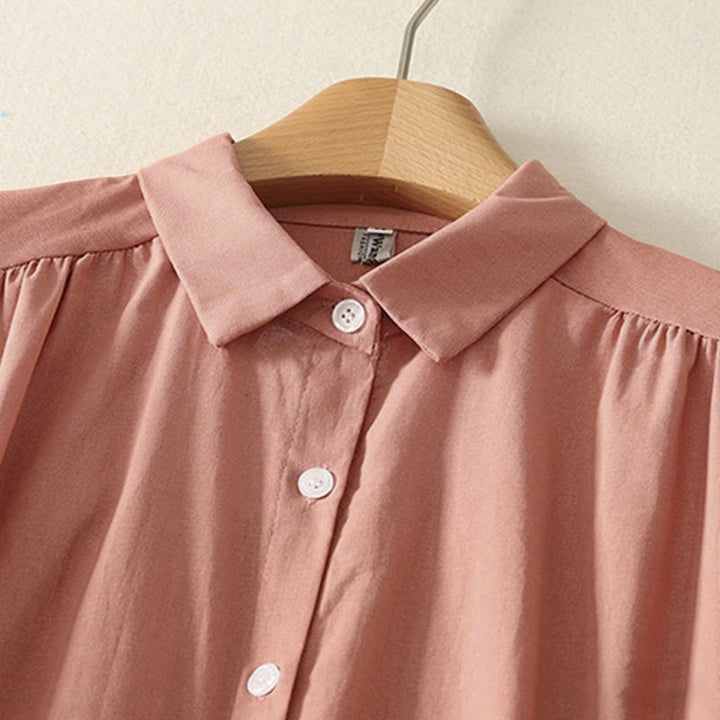 Buddha Stones秋冬 無地 ラペルボタン 長袖 コットン ミディドレス ポケット付き - image 3