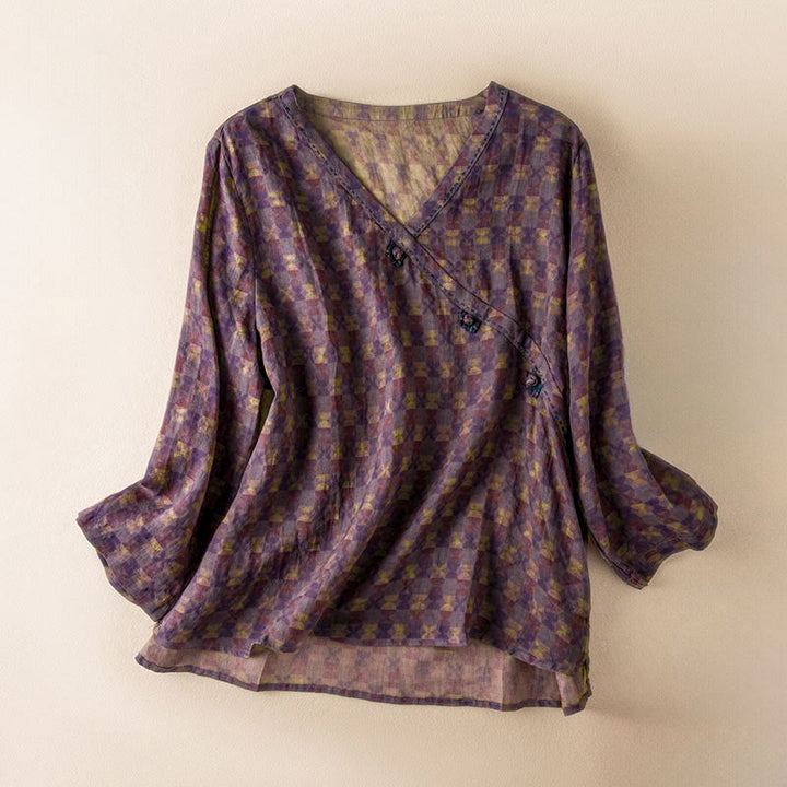 Buddha Stones春 Vネック プリント 花柄 レディース 長袖シャツ - ダークマゼンタ - US8-10，UK/AU12-14，EU40-42 (2XL) - image 0