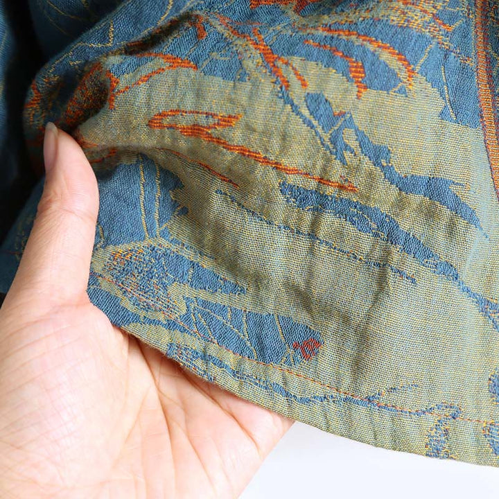 Buddha Stonesジャカードフラワー柄 カエルボタン スタンドカラー ロングスリーブ コットン ミディドレス - image 7