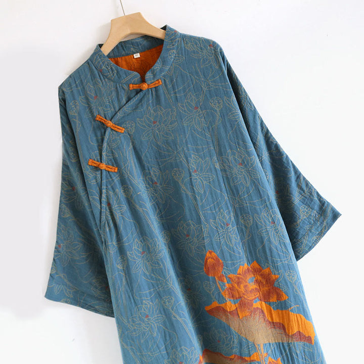 Buddha Stonesジャカードフラワー柄 カエルボタン スタンドカラー ロングスリーブ コットン ミディドレス - image 3