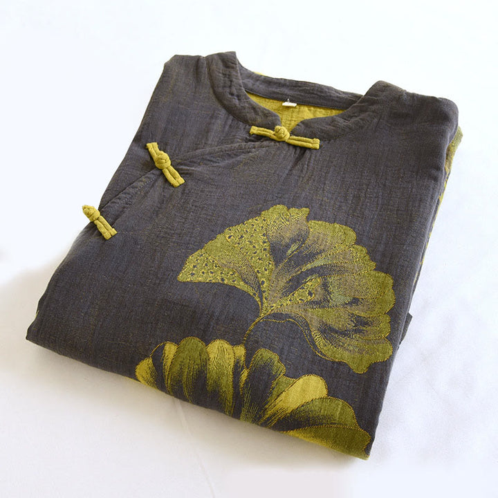 Buddha Stonesジャカードフラワー柄 カエルボタン スタンドカラー ロングスリーブ コットン ミディドレス - image 12