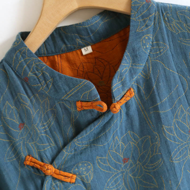 Buddha Stonesジャカードフラワー柄 カエルボタン スタンドカラー ロングスリーブ コットン ミディドレス - image 5