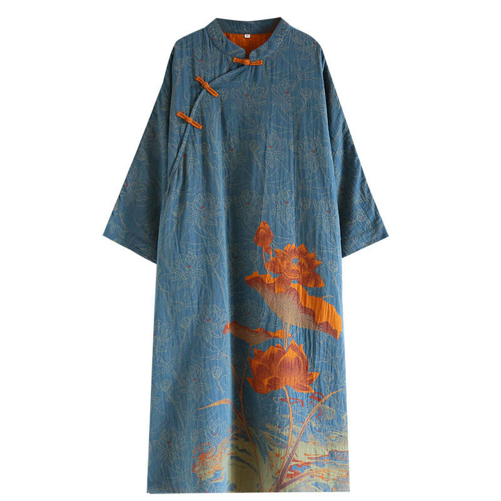 Buddha Stonesジャカードフラワー柄 カエルボタン スタンドカラー ロングスリーブ コットン ミディドレス - image 10