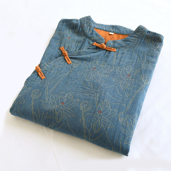 Buddha Stonesジャカードフラワー柄 カエルボタン スタンドカラー ロングスリーブ コットン ミディドレス - image 2